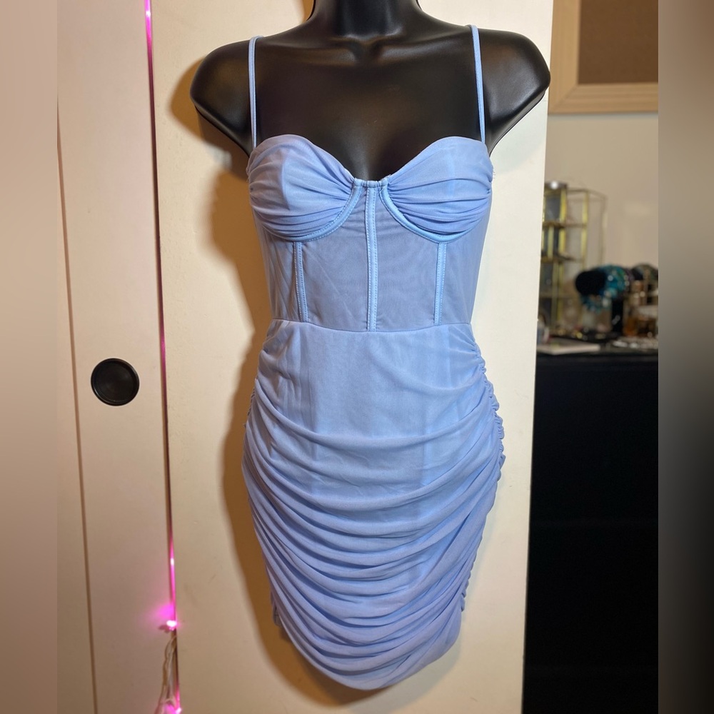 SHEIN Baby Blue Ruched Mesh Bodycon Dress Small
